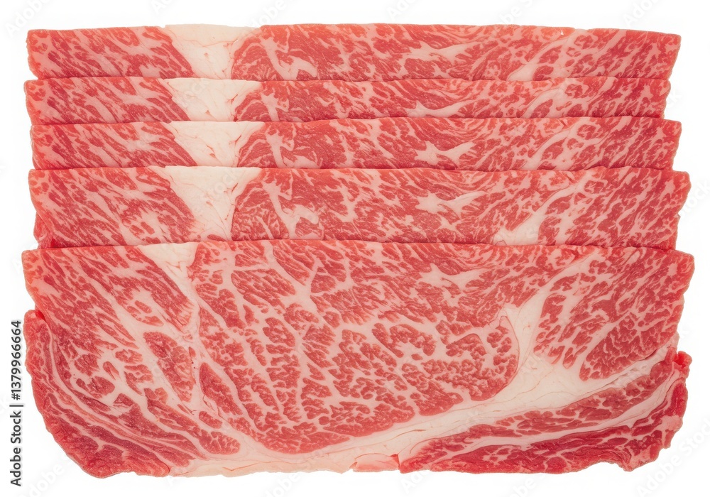 Poster close up of several slices of raw marbled beef stacked on top of each other on a white background