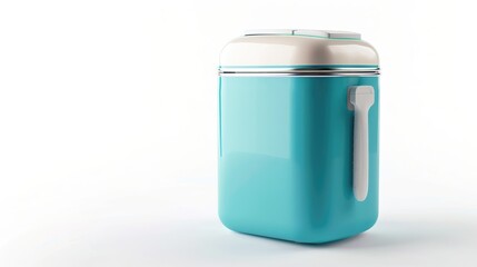 A stylish retro-inspired turquoise cooler with a white lid and handle, set against a clean, minimalist background