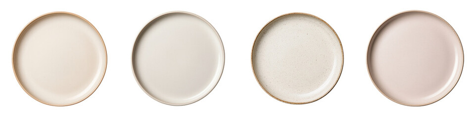 Four round neutral colored ceramic plates arranged in a simple minimalist display against a white background
