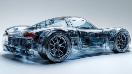 Transparent Computer Rendered Sports Car Revealing Mechanical Components Inside