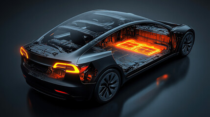 Cutaway technical illustration of electric vehicle battery pack with exposed cooling channels and cell arrangement, featuring holographic energy flow visualization.
