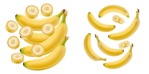 Ripe bananas and banana slices in a playful composition.