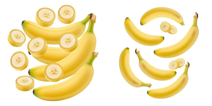 Ripe bananas and banana slices in a playful composition.