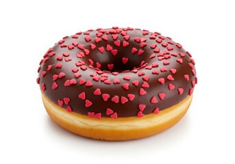 Chocolate donut with red heart sprinkles on a white background in studio lighting