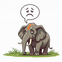 cartoon sad elephant with thought bubble in green grass