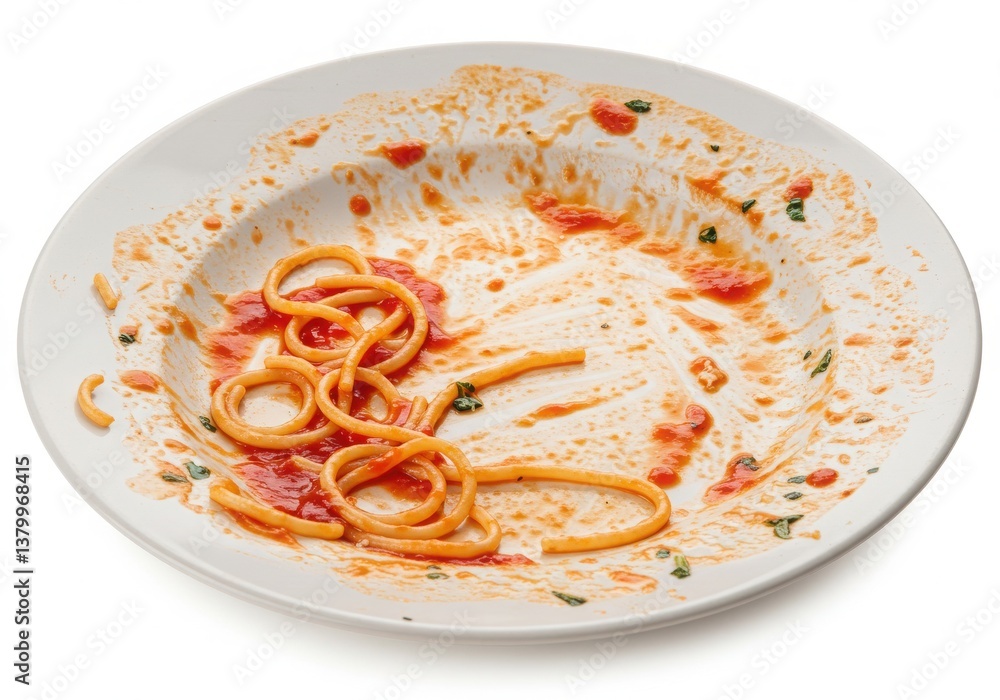 Poster close up of a mostly empty plate with some leftover spaghetti and tomato sauce on a white background