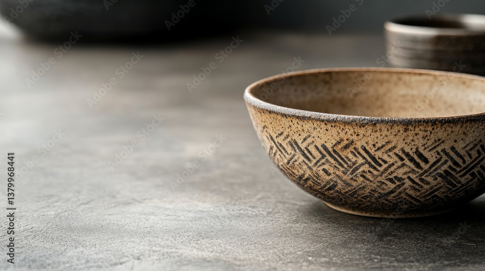 Aufkleber ceramic bowl with intricate zigzag pattern sits elegantly on a neutral surface, illuminated by soft 