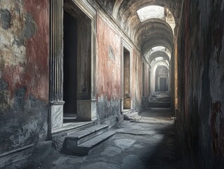 Fototapeta premium A long, narrow hallway with a red wall and white pillars. The hallway is empty and the light is shining through the windows