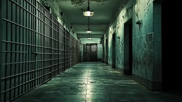 Dark, eerie prison corridor with peeling walls and flickering lights