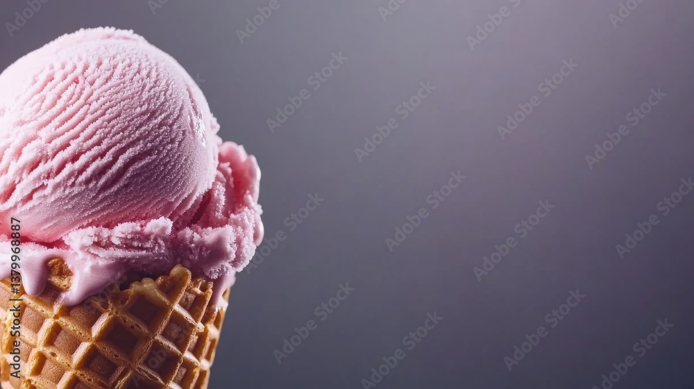 Poster savor the tempting allure of a creamy strawberry ice cream scoop perched in a crispy waffle cone, se