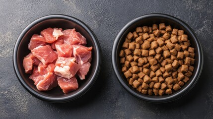Two bowls placed on a dark surface showcase raw meat cubes on one side and dry dog food on the other, highlighting different feeding options for pets
