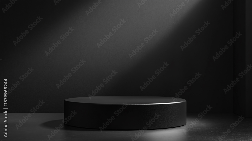 Poster a minimalist black podium illuminated by a soft spotlight in a dark and moody studio setting