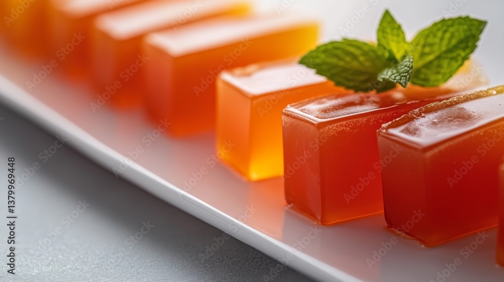 Poster close-up view of orange jelly pieces neatly placed on a white plate, enhanced by fresh mint leaves a