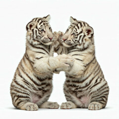 Fototapeta premium two white tiger cubs playfully interact in a white studio setting