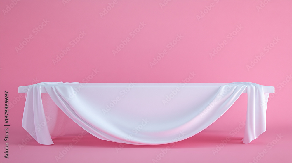 Aufkleber white cloth draped over a table against a pink background in a studio setting for product display