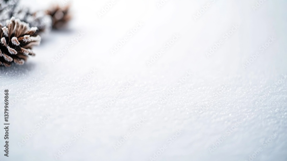 Poster pine cones and needles dusted with snow rest on a soft white background, capturing the essence of wi