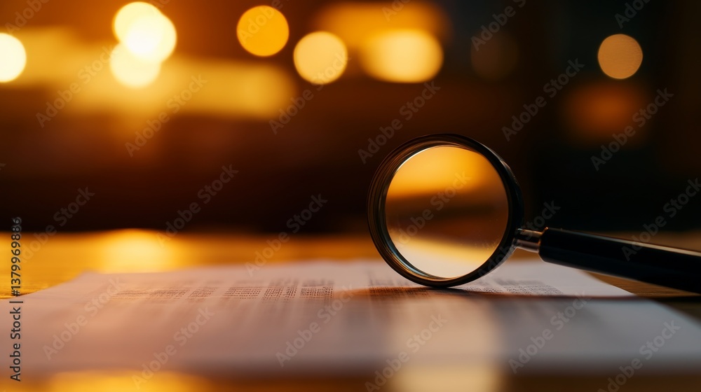 Poster a magnifying glass intensively focuses on financial data printed on paper while a blurred background