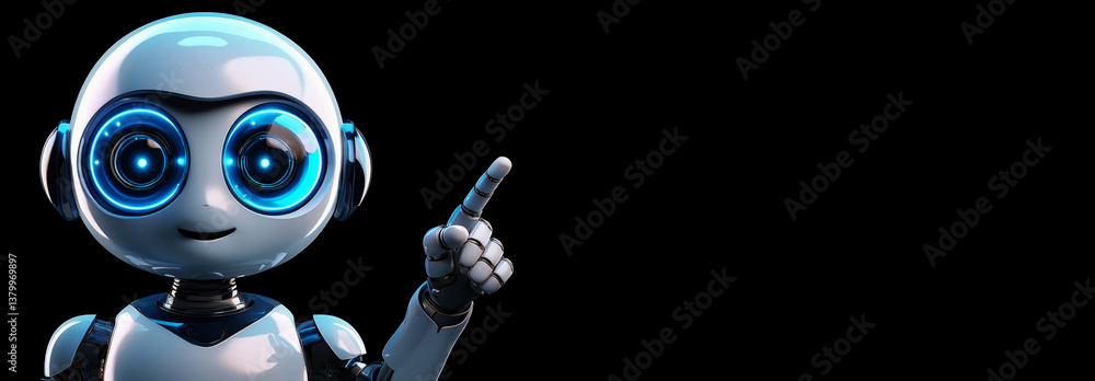 Poster cheerful 3d robot with round head and bright blue eyes with a sleek design pointing enthusiastically