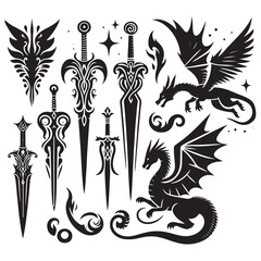 Fantasy sword tattoo set vector, vector linocut magic blade, dragon wings, fairy tale silhouette collection. Mystic legend snake print, spiritual medieval logotype, witchcraft sign.