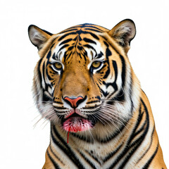 Fototapeta premium close up portrait of a wounded tiger with blood on its mouth isolated on white background