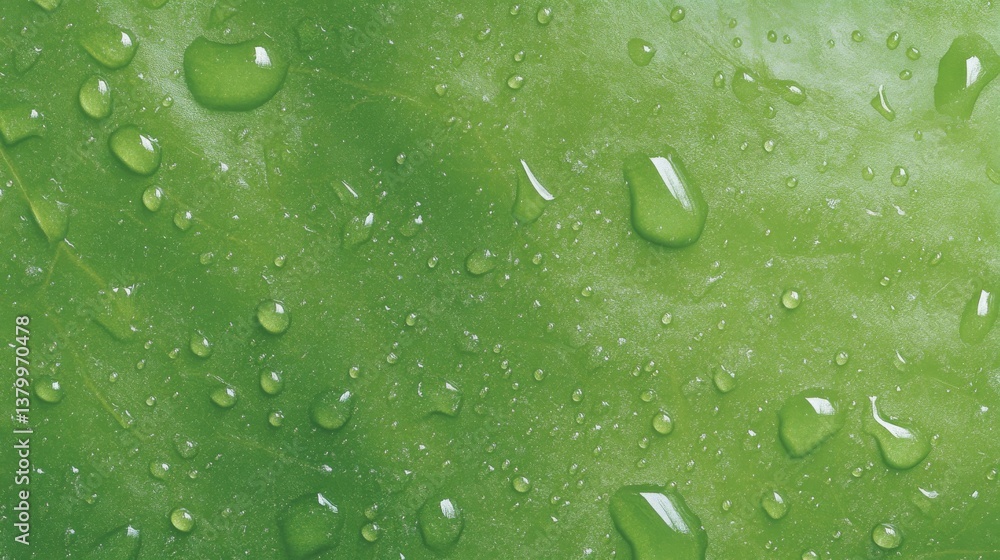 Poster close-up view of water droplets resting on a fresh green leaf, capturing the clarity and purity of n