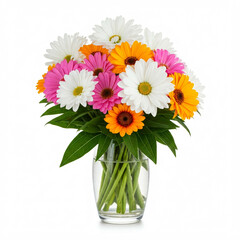 colorful daisy bouquet in glass vase on white background