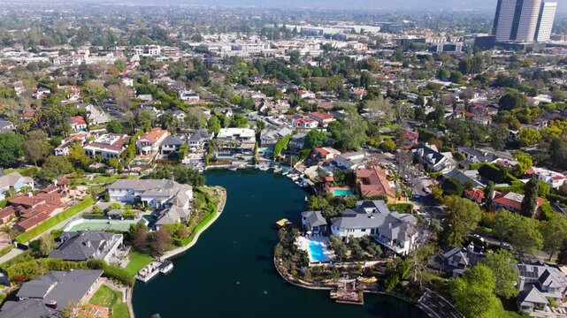 Aerial View of Luxury Homes Around Toluca Lake, Los Angeles