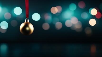 A golden Christmas bell is elegantly suspended mid-air, adorned with a vibrant red ribbon, surrounded by a beautifully blurred holiday backdrop, capturing festive spirit