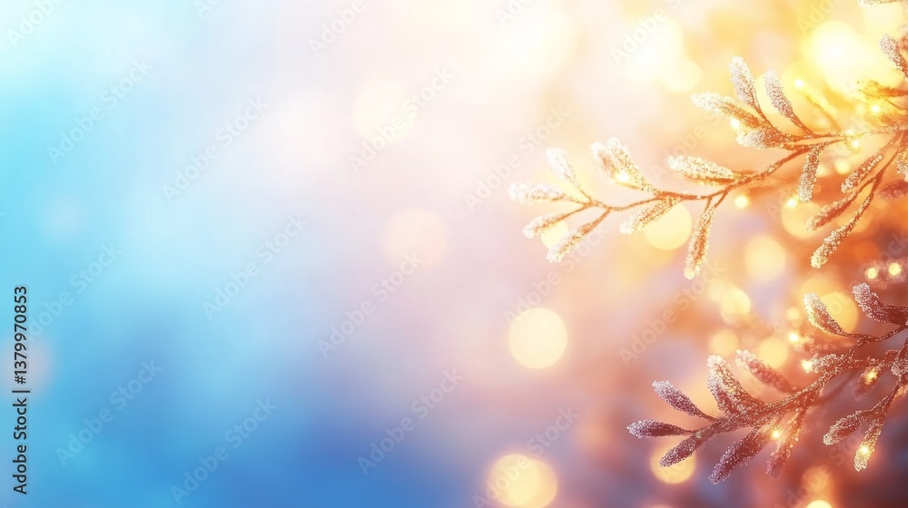 Aufkleber a close-up view of a spruce branch with frosted tips and golden lights against a soft blue backdrop,