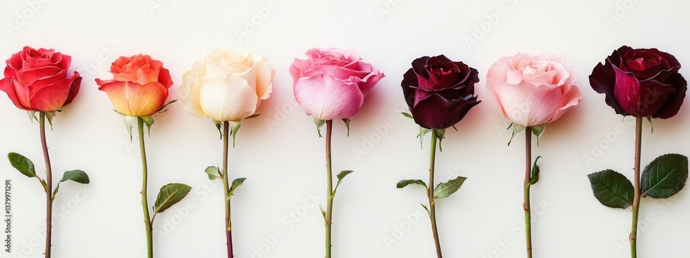 Poster assorted colorful roses displayed in a row on light background