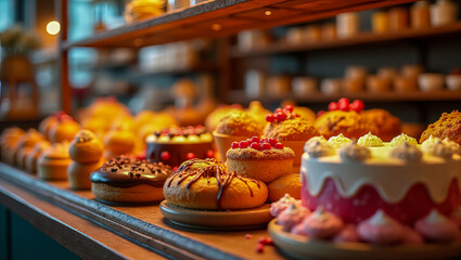 An array of delectable pastries displayed in a bakery setting