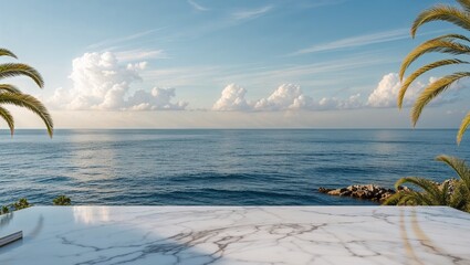 A lone palm tree graces the tranquil tropical beach where the calm blue sea meets the horizon under a cloudy summer sky