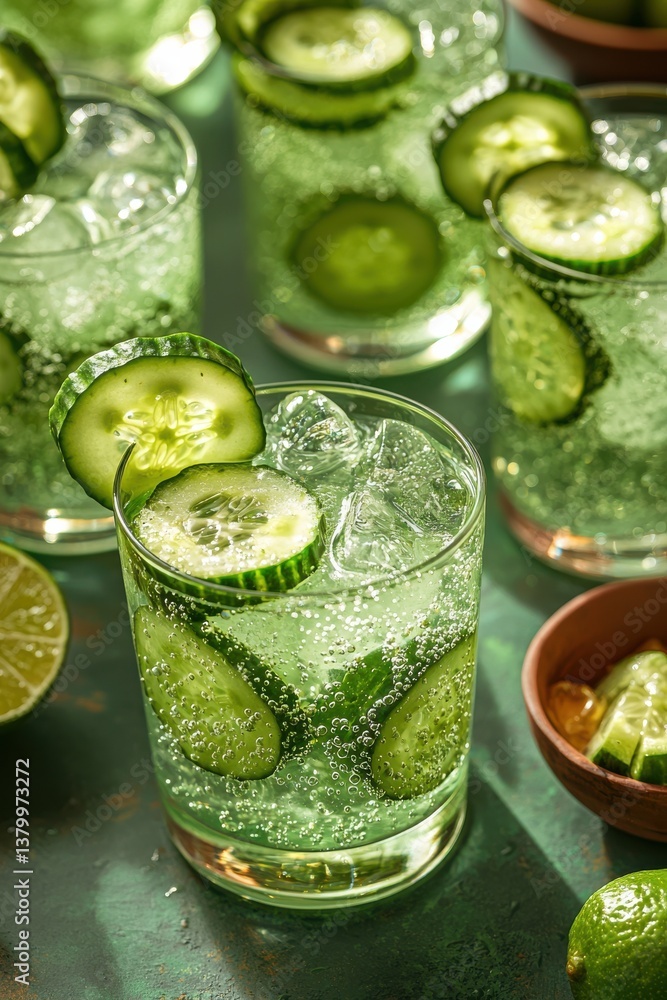Poster refreshing cucumber spritz with lime in sparkling glasses