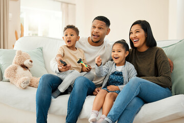 Surprise, family and watching tv at house with streaming movie for love, care and bonding support...