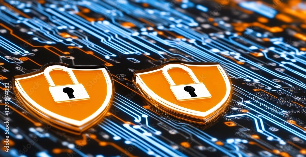 Aufkleber two orange shields with a key on them are on a blue and orange background. e background with a digit