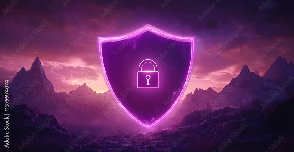 Poster a purple shield with a key on it. e background with a digital security concept.