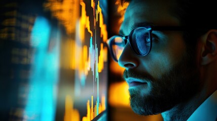 A man examining a financial graph displayed on a monitor