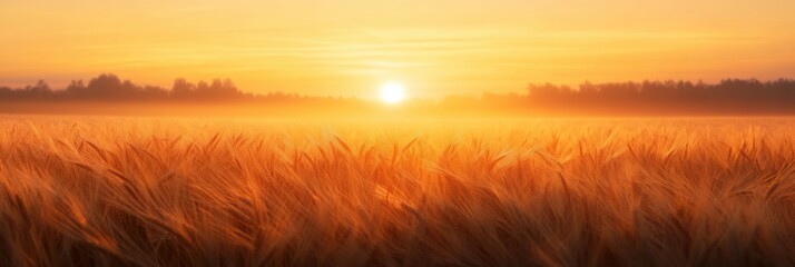Blurry summer sunrise over a wheat field creating warm orange tones and a soft glow on a peaceful morning