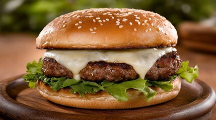 A close-up captures a juicy beef burger with melted cheese and vibrant lettuce nestled in a sesame seed bun, presented on a rustic wooden plate