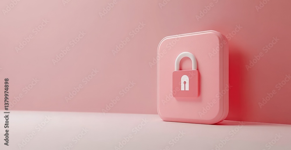 Poster a pink square with a white lock on it. e background with a digital security concept.