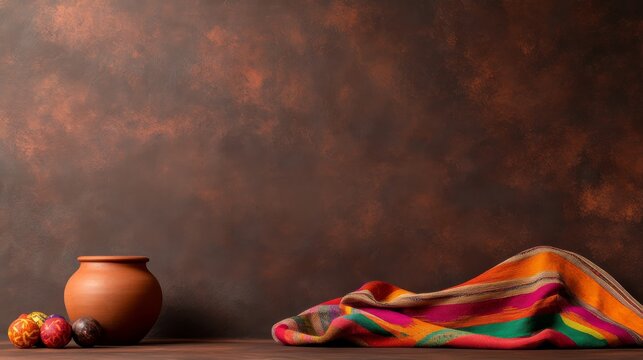 Traditional Hispanic elements like maracas and a clay pot create a vibrant setup celebrating National Hispanic Heritage Month, enhancing cultural richness