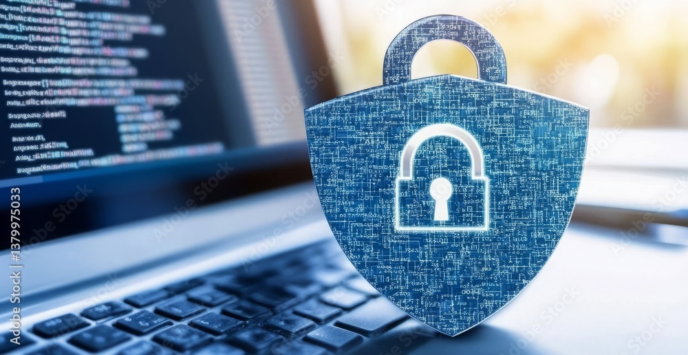 Poster a blue lock with a key on a laptop. e background with a digital security concept.