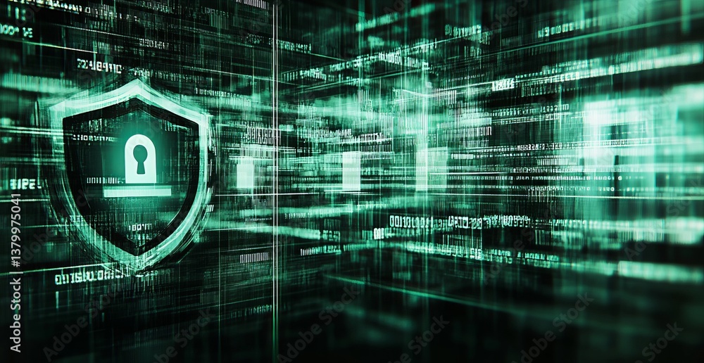 Aufkleber a green screen with a large green lock on it. e background with a digital security concept.