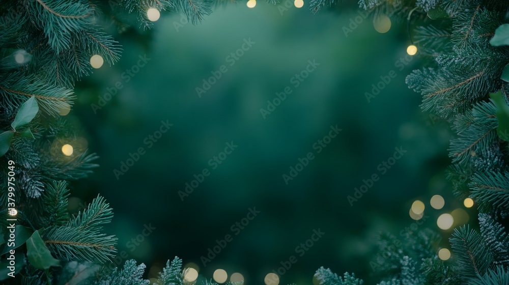 Poster frontal view of lush christmas tree branches symmetrically arranged, adorned with soft glowing fairy