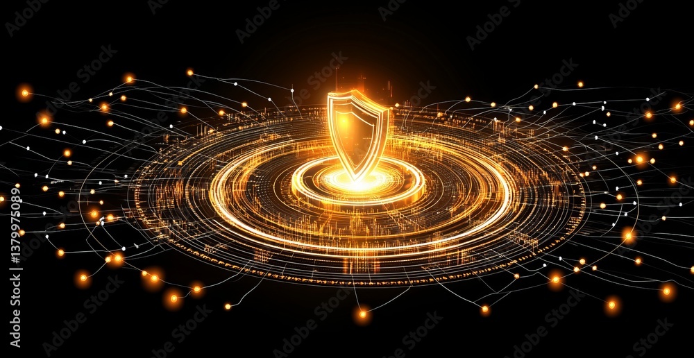 Poster a glowing shield is surrounded by a web of glowing lines. e background with a digital security conce