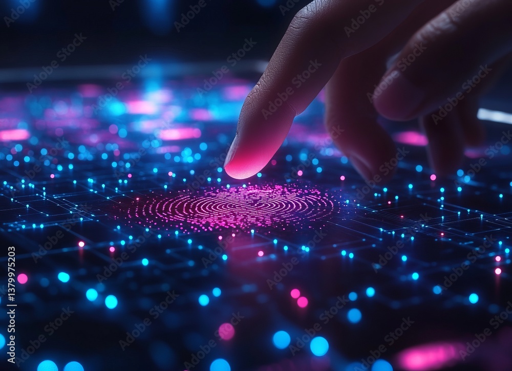 Poster a hand is pointing at a blue and pink screen with a lot of dots. e background with a digital securit