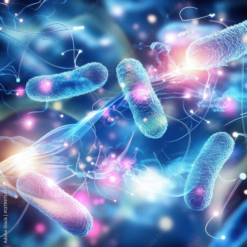 Poster bacteria reproduction event microbial world scientific visualization digital environment macro view 