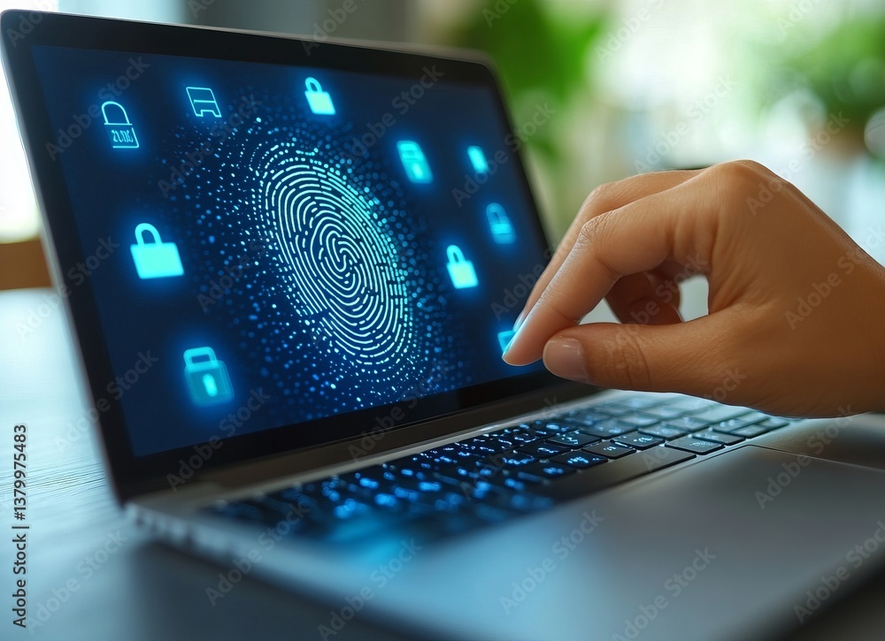 Poster a person is touching a laptop screen with a fingerprint symbol on it. e background with a digital se