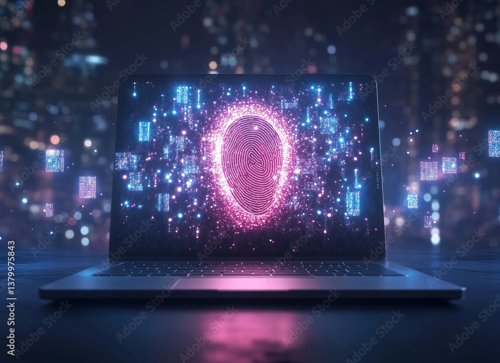 Poster a laptop screen shows a glowing fingerprint on a dark background. e background with a digital securi
