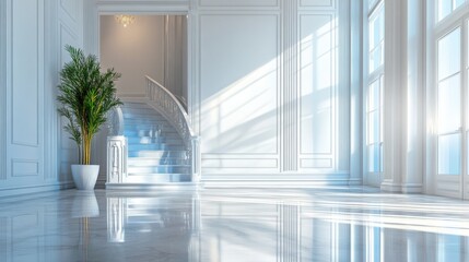 Fototapeta premium Sunlit grand entryway with marble staircase, polished floors, and elegant white walls showcasing a luxurious and spacious home interior design.